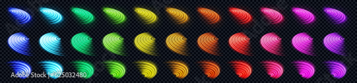 3d wifi neon light technology wireless signal. Abstract wave vector sign in purple, red, blue and green with laser glow radial design collection. Internet router ring icon for computer network set.