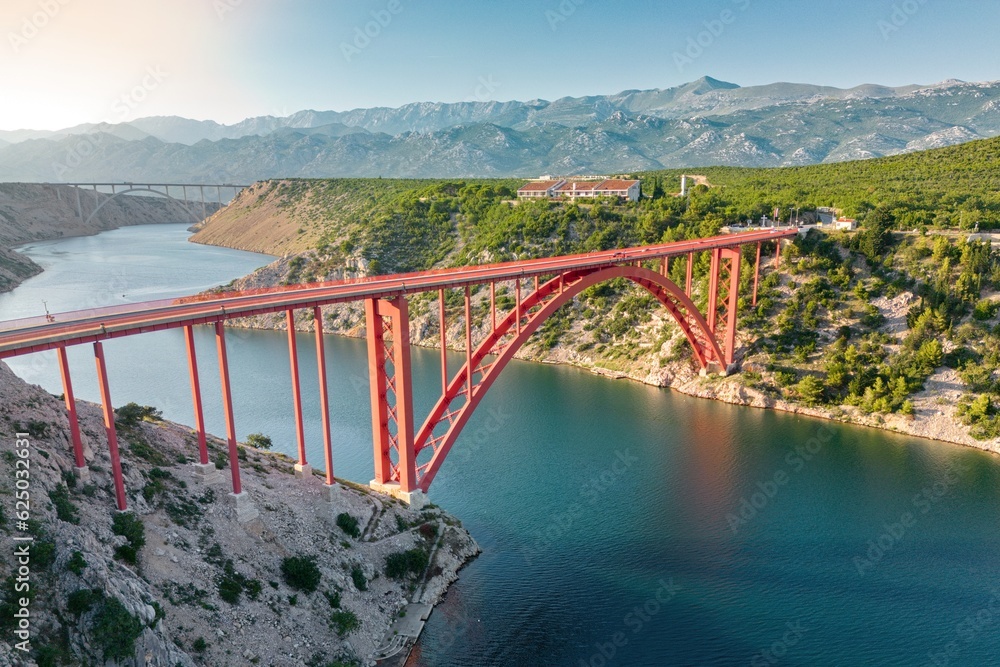 Aerial view of the bridge over the red Iron Road Bridge over the canal. Zadar, Croatia.