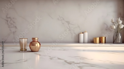 Marble table top with kitchen background. Modern kitchen with white marble countertop and empty space background.