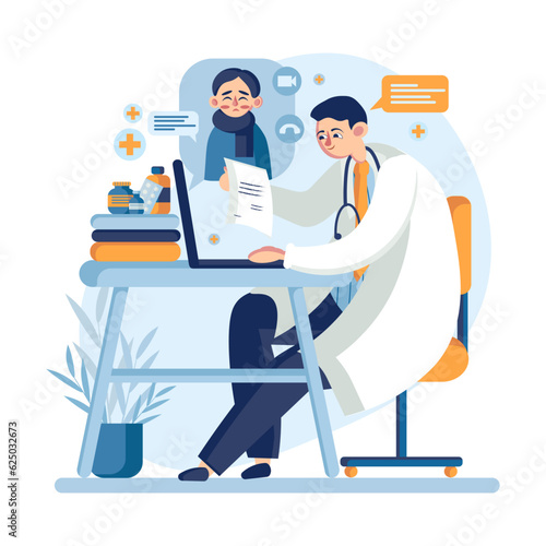 Young doctor sitting at table, holding medical card and helping sick male. Time for making treatment online. Remote medical consultation via Internet. Vector flat illustration in blue colors