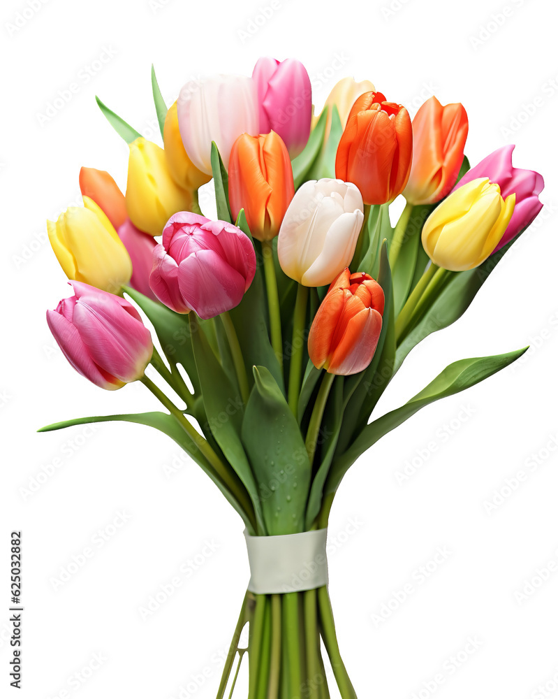 Colorful bouquet of tulips isolated on transparent or white background, png