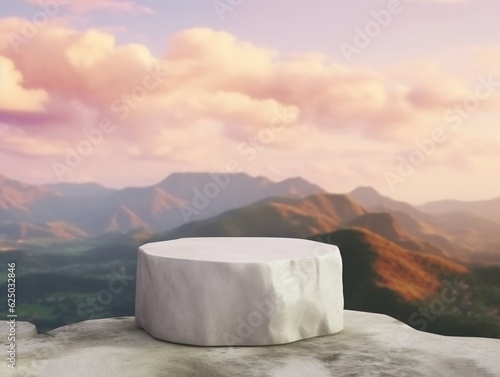 Stone podium outdoors pastel soft cloud with mountain nature landscape background. Beauty cosmetic product placement pedestal present minimal display, summer paradise dreamy concept