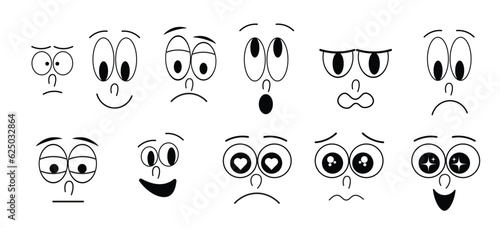 Cartoon faces. Expressive eyes and mouth, smiling, crying and surprised character face expressions. Caricature comic emotions or emoticon doodle. Isolated vector illustration icons set