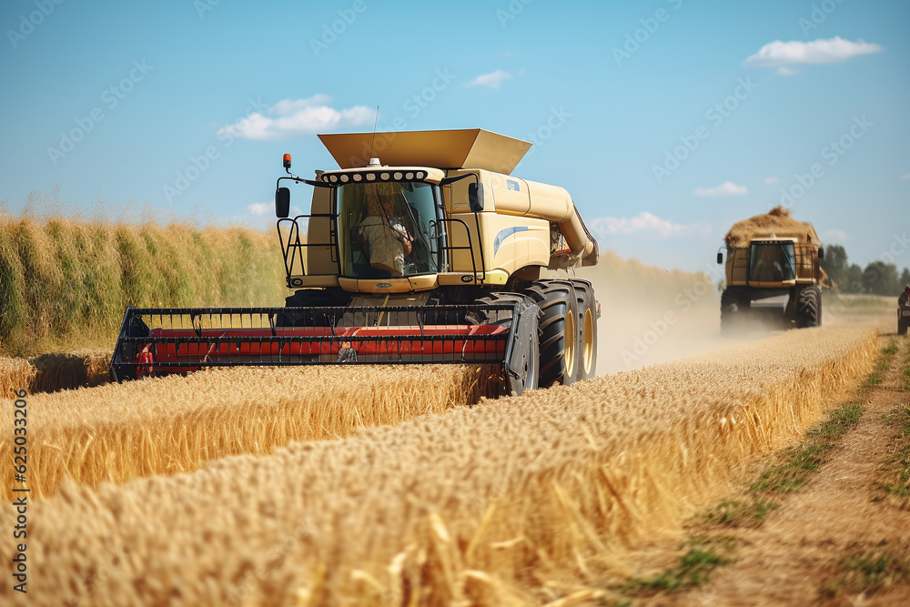 Obraz premium A combine harvests from a wheat field. generative AI tools