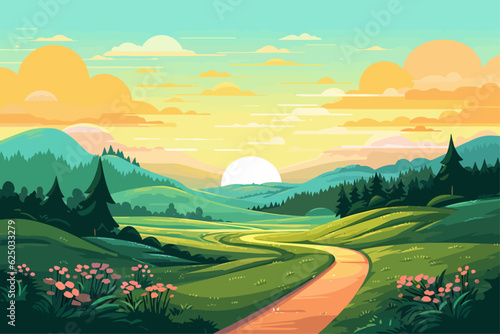 Road through a green field landscape scene at sunset, colorful summer vector nature illustration