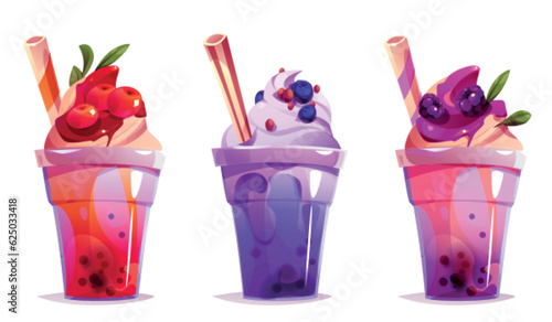 Milk tea bubble drink vector juice cup cartoon illustration. Ice boba sugar milkshake dessert clipart for taiwanese asian menu. Delicious fruit sweet bubbletea with straw. Cream tapioca in plastic set