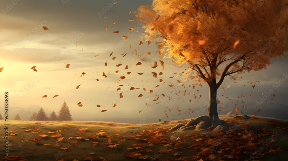 autumn landscape with tree whose leaves are blowing in the wind