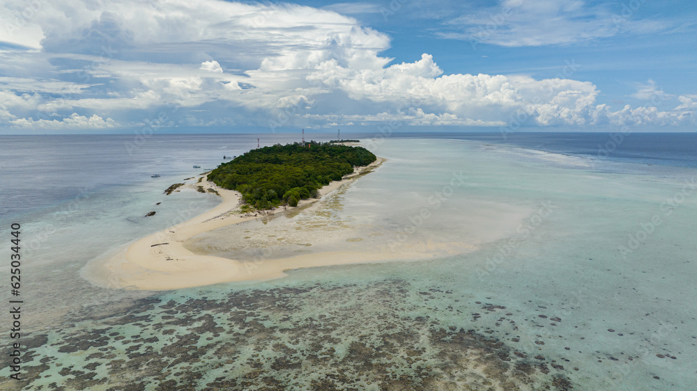 Aerial drone of tropical island Mataking with coral reef and atoll view ...