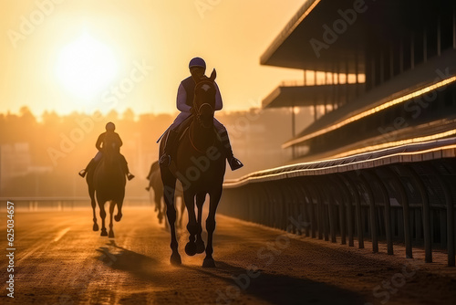 Fototapeta Silhouette of jockey and his horse , Horse races at stadium , Created with Gener