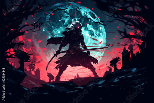 Generative AI. illustration background, a ninja carrying a sword during a full moon