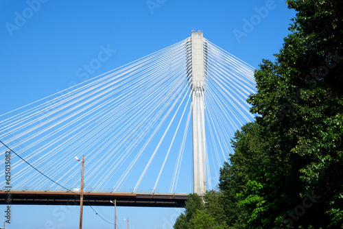 Port Mann bridge. Canada over Fraser River in BC interesting unusual footage of bridge from bottom up beautiful white cables stretched support mighty strong bridge green trees railroad Earth on siphon © Oleksandra