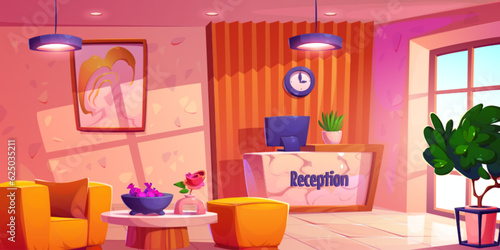 Hotel reception and lobby room interior vector illustration. Office desk in welcome area of modern hostel hall. hospitality service company hallway inside building with plant and armchair graphic.