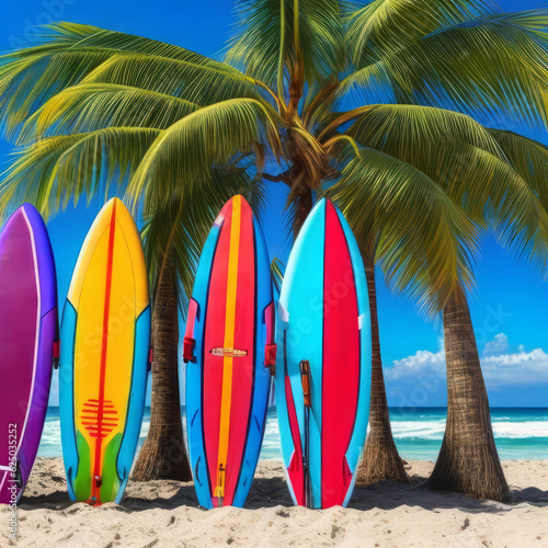 Surfboard and palm trees on a beach. Travel adventure and water sport. relaxation and summer vacation concept, generative ai illustration