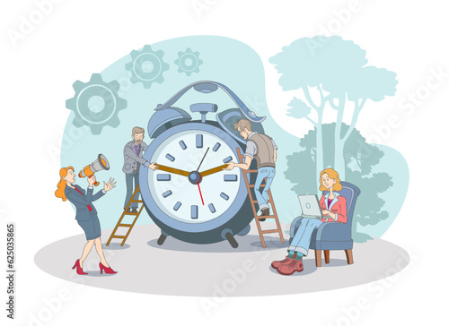 Workers managing time, lady working in park. Time organization and management concept. Cartoon character complete work on time. Flat vector illustration in blue colors in cartoon style