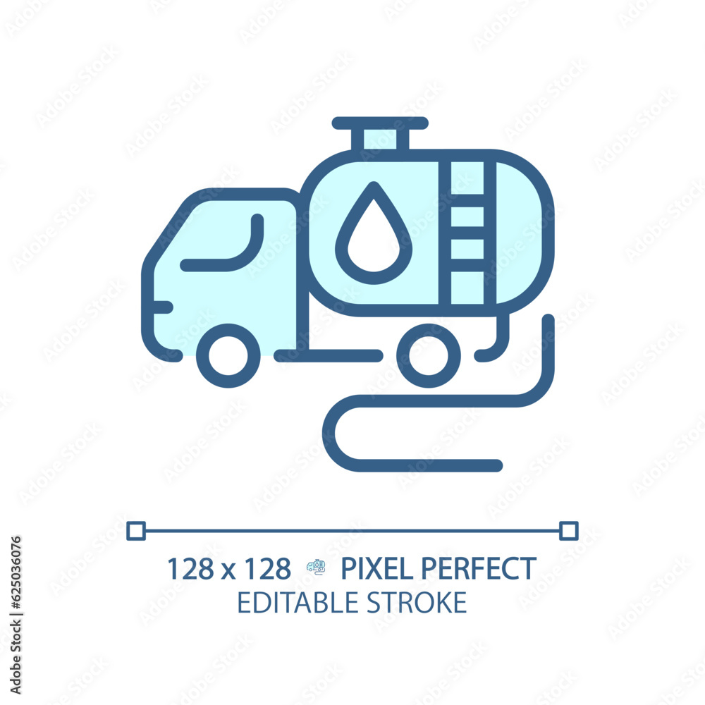 Tank truck light blue icon. Fuel transportation. Motor vehicle. Petroleum industry. Gas truck. Bulk liquid. RGB color sign. Simple design. Web symbol. Contour line. Flat illustration. Isolated object Tank truck light blue icon. Fuel transportation. Motor vehicle. Petroleum industry. Gas truck. Bulk liquid. RGB color sign. Simple design. Web symbol. Contour line. Flat illustration. Isolated object