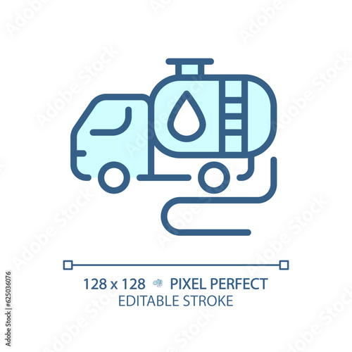 Tank truck light blue icon. Fuel transportation. Motor vehicle. Petroleum industry. Gas truck. Bulk liquid. RGB color sign. Simple design. Web symbol. Contour line. Flat illustration. Isolated object