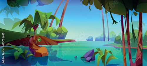 Cartoon forest river water scene vector background. Lake in jungle with palm tree, stone and bush tropical landscape illustration. Summer adventure fairytale drawing with amazon climate wallpaper