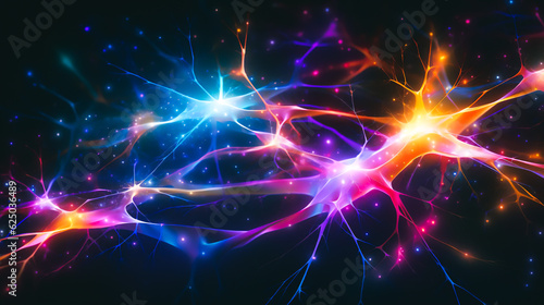 A vibrant visualization showcasing intersecting neural networks resembling colorful lightning bolts, surrounded by a mysterious dark background that symbolizes the depths of the human mind