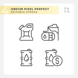 Fuel storage linear icons set. Oil refining. Energy resource. Fuel consumption. Global market. Customizable thin line symbols. Isolated vector outline illustrations. Editable stroke