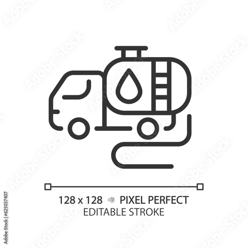 Tank truck linear icon. Fuel transportation. Motor vehicle. Petroleum industry. Gas truck. Bulk liquid. Thin line illustration. Contour symbol. Vector outline drawing. Editable stroke