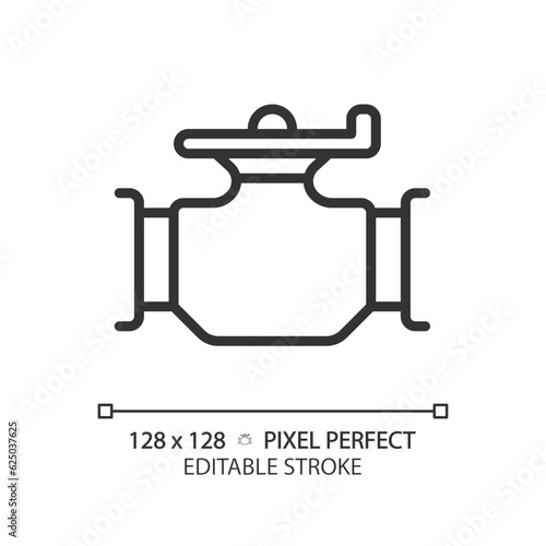 Pipeline valve linear icon. Piping system. Flow control. Natural gas. Oil production. Pressure regulator. Thin line illustration. Contour symbol. Vector outline drawing. Editable stroke