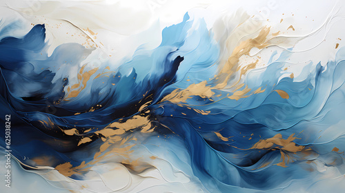 concept painting of water and fire using blue and gold colors on a white background. Generative AI