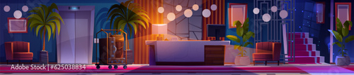 Night hotel lobby reception interior cartoon vector background. Business building office hallway with magic light on stairs game scene. Trolley for luggage near counter desk and lift in corridor