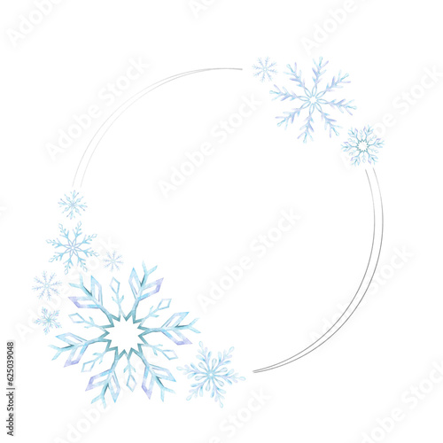 Snowflakes. Watercolor frame. Decorative winter background with hand drawn snowflakes, snow, stars. Snowflake framework. Isolated. For postcards, invitations, cards