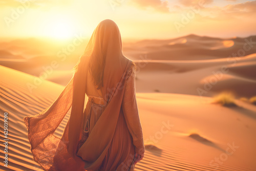 back view of a Arabic woman walk in the desert at sunset ai generated art