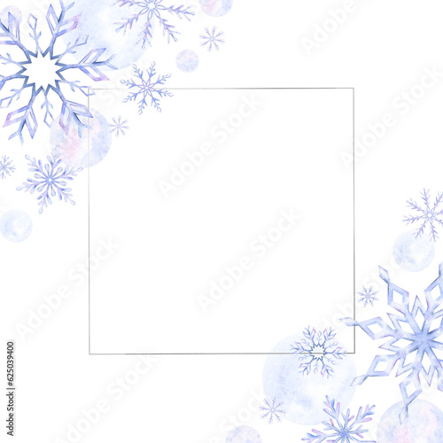 Fototapeta Naklejka Na Ścianę i Meble -  Snowflakes. Watercolor frame. Decorative winter background with hand drawn snowflakes, snow, stars. Snowflake framework. Isolated. For postcards, invitations, cards