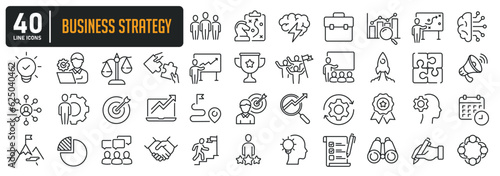 Business strategy simple minimal thin line icons. Related strategy, teamwork, organization, finance. Editable stroke. Vector illustration.
