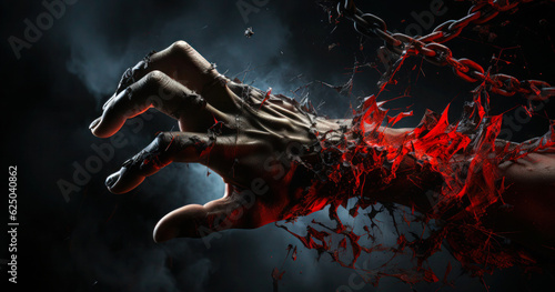 illustration of a bloody hand with blood splattered all over it breaking chains. International day for the Abolition of Slavery concept banner © Bartek