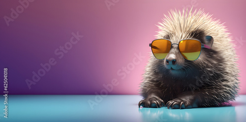 Fototapeta Naklejka Na Ścianę i Meble -  Creative animal concept. Porcupine in sunglass shade glasses isolated on solid pastel background, commercial, editorial advertisement, surreal surrealism