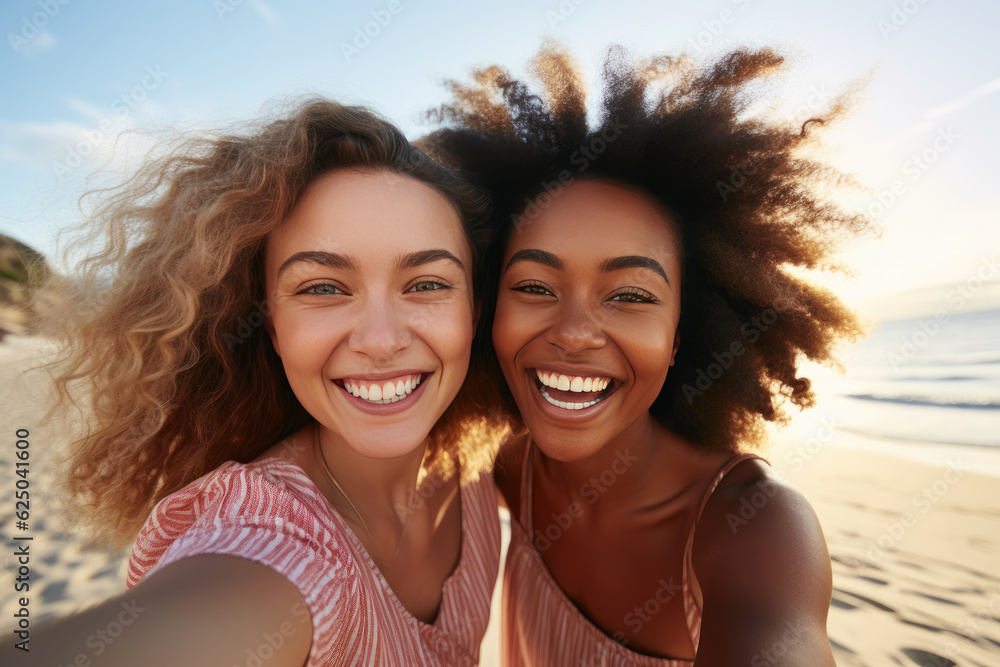 Two cheerful girls taking a selfie on the beach in summer