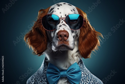 Dog in fur with golden glasses, photorealistic fantasy style, dieselpunk, zuckerpunch, pure color. Close-up. generation ai