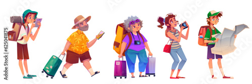 People tourists in travel. Tourism, trip and sightseeing concept with men and women characters with backpacks, suitcases, map, camera and mobile phone, vector cartoon set © klyaksun