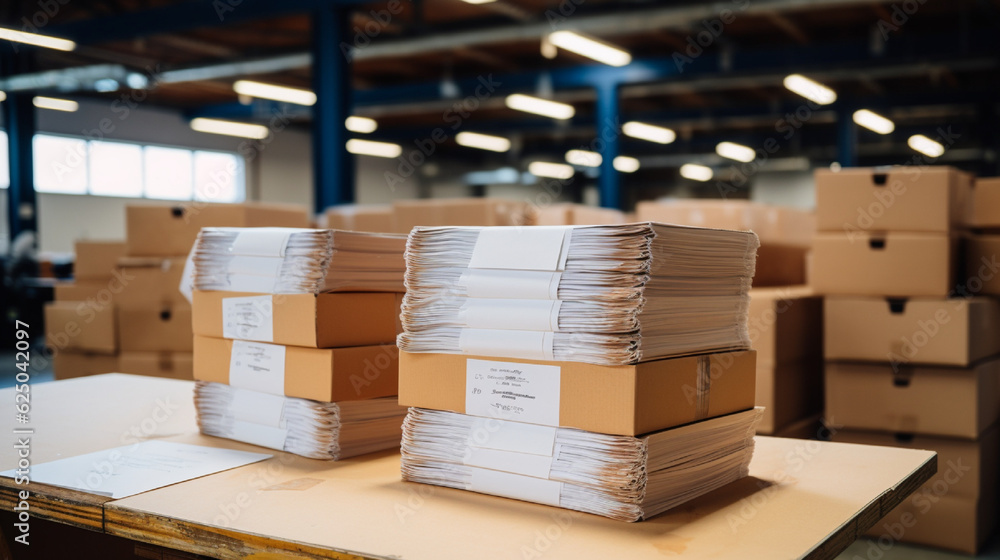 a large stack of documents on a table next to a cardboard box, industrial style generative ai a large stack of documents on a table next to a cardboard box, industrial style generative ai