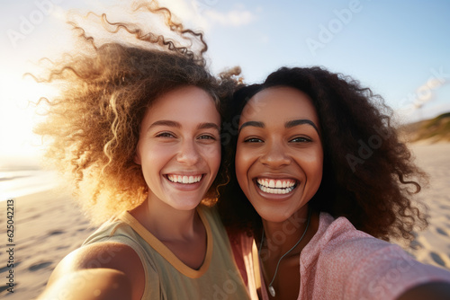 Two cheerful girls taking a selfie on the beach in summer