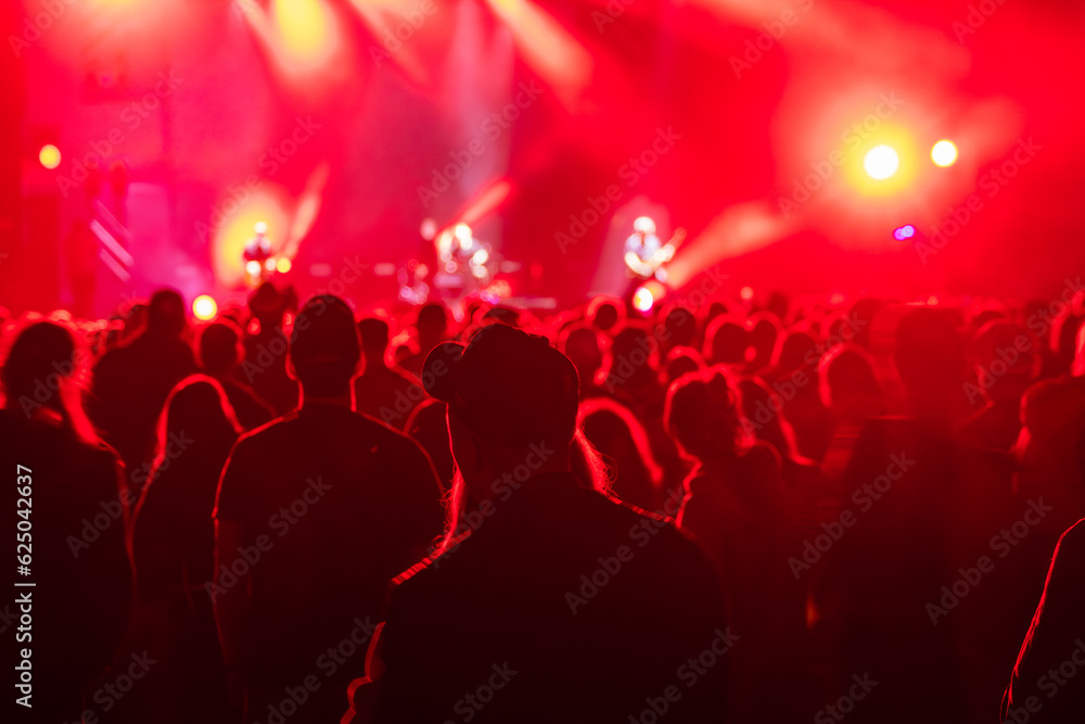 Unrecognizable people standing and listening to music of artists on stage in concert