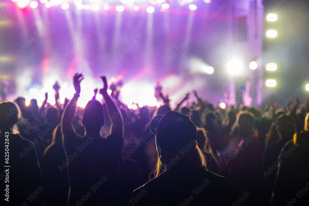 Unrecognizable crowd of people standing and clapping for artists performance on stage in live concert