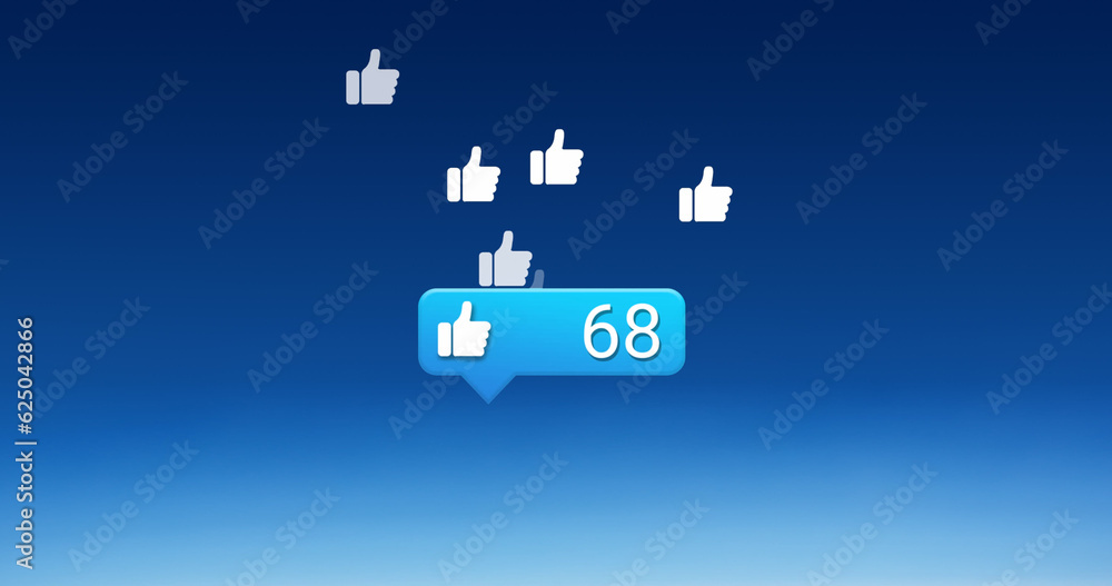 Composite of social media thumbs up and numbers over blue background Composite of social media thumbs up and numbers over blue background