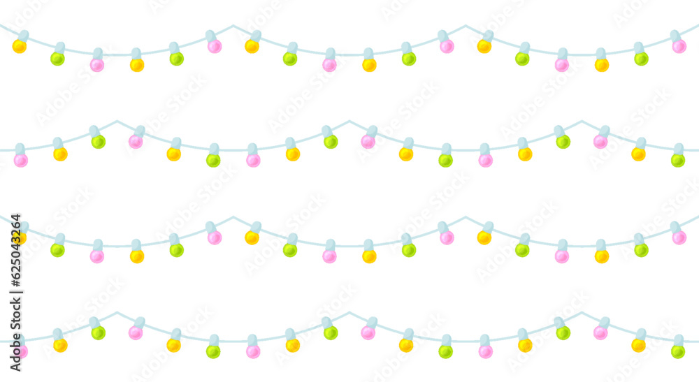 Naklejka premium Light bulb lantern garland seamless pattern flat. Festive background wrapping paper festival backdrop colorful bright lamp decoration holiday wrap christmas canvas glass balls summer pastel cuteprint