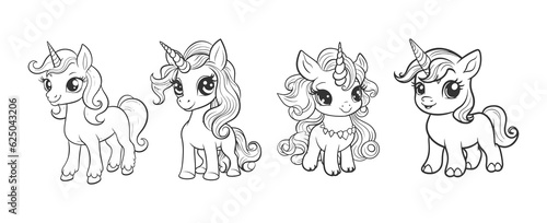 Cute pony unicorn cartoon line art coloring page for kids. Baby hourse animal coloring book illustration