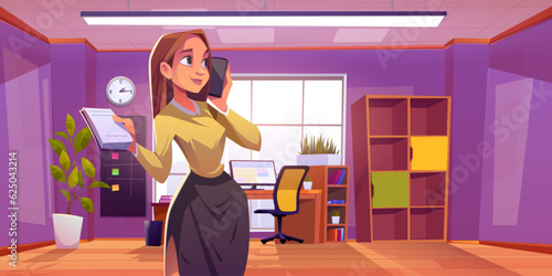Woman talking phone in cabinet room background. Manager corporate office workplace interior with computer table, modern chair and plant near window. Businesswoman or employee in studio illustration