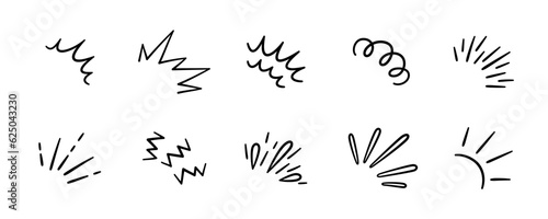 Doodle radial line rays. Hand drawn round corner shine. Sunburst sparkle element. Sun burst doodle icon. Explosion frame. Idea and exclamation symbol. Vector illustration isolated on white background.