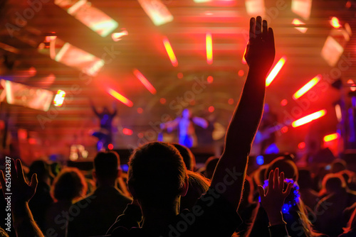 Crowd of people with raised hands on live concert