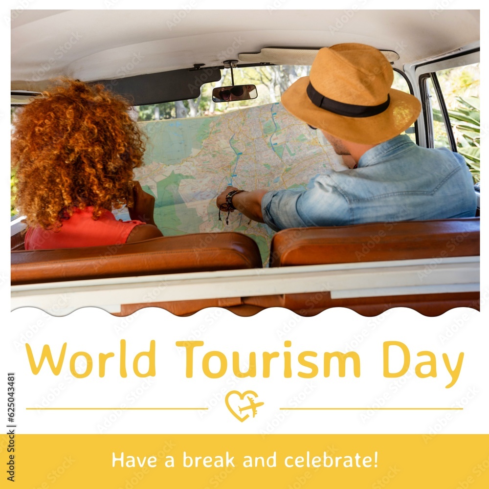 Obraz premium World tourism day, have a break text in yellow over diverse couple reading map in car