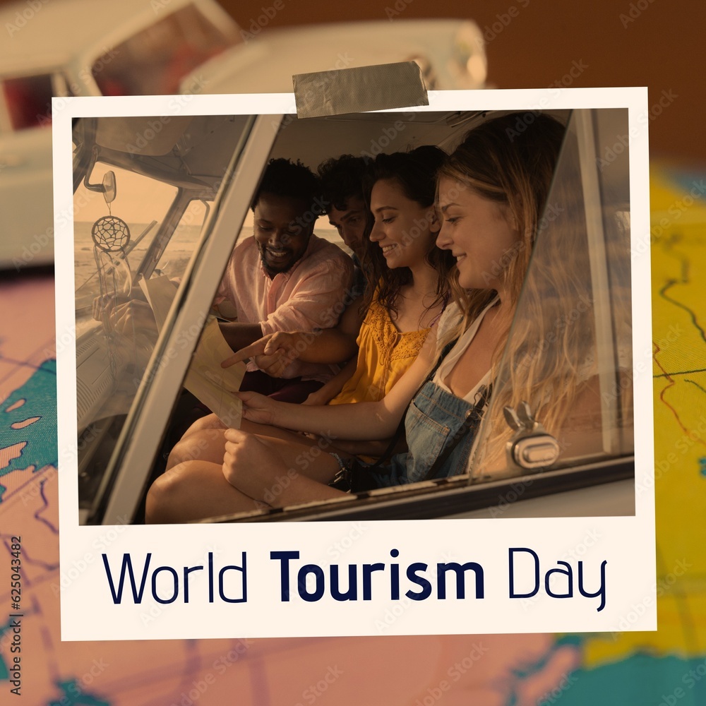 Fototapeta premium World tourism day text on photo of diverse friends reading in van, over globe