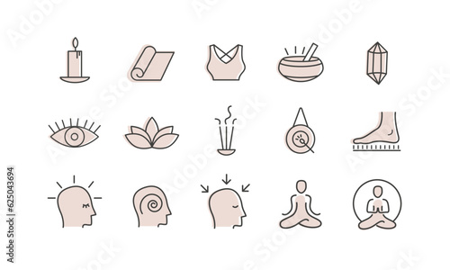 Yoga vector set. Outline colored icon collection for yoga studio, buddhist retreat, spiritual practice or Vipassana meditation. Sadhu board. Head with different mental state.