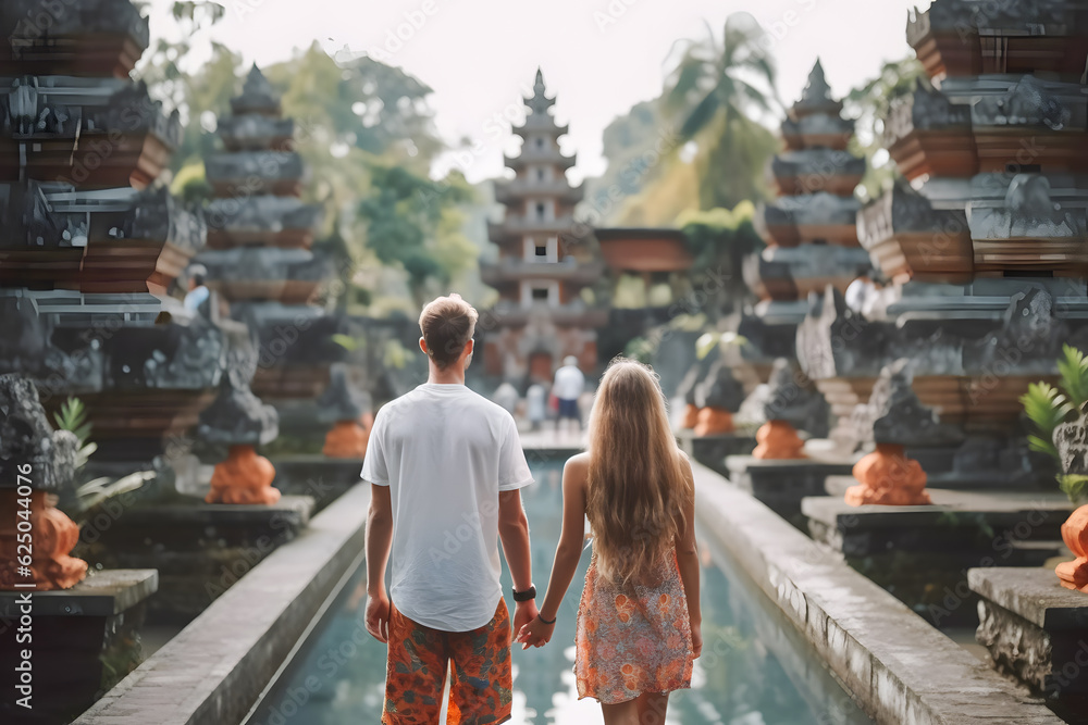 couple inlove at vacation in Bali in font of Hindu Temples ai generated art